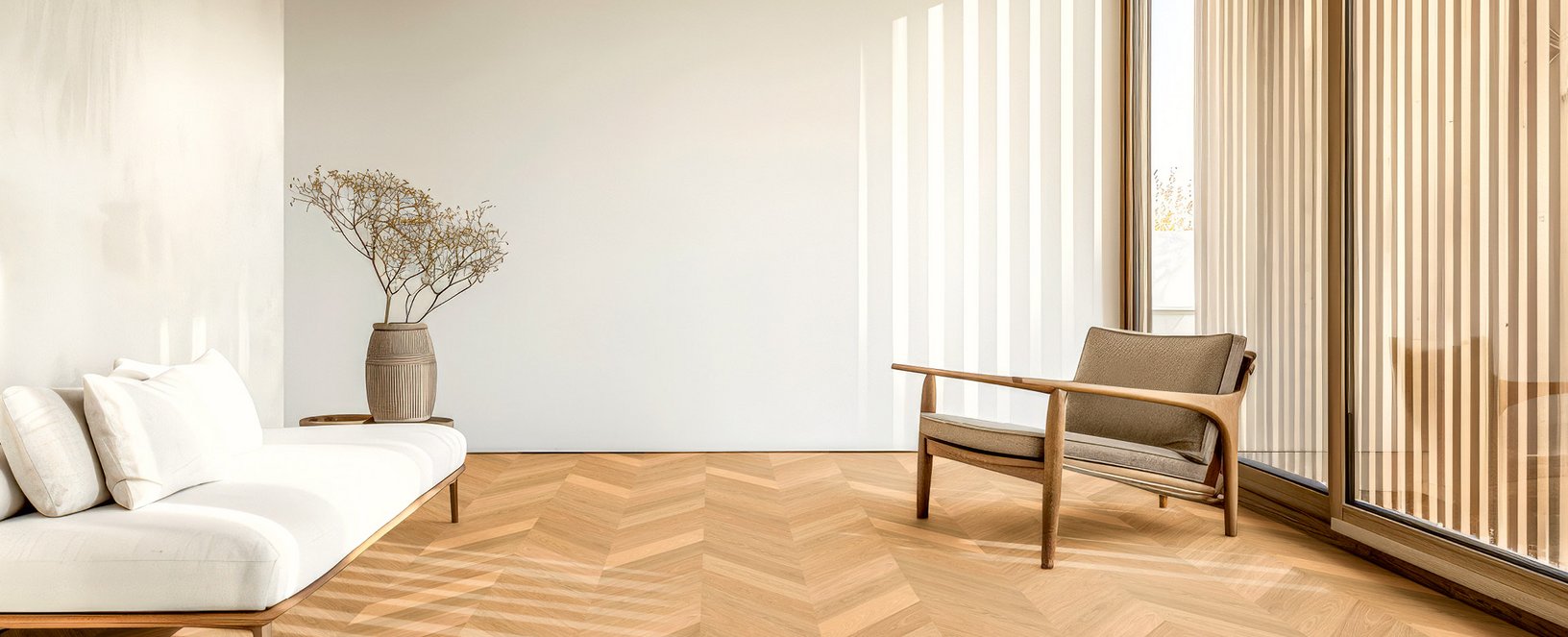 Minimalistischer Wohnraum mit Trockenblumen - heller Couch und vielen Holzelementen und Parkett in Eiche als Französisches Fischgrät verlegt