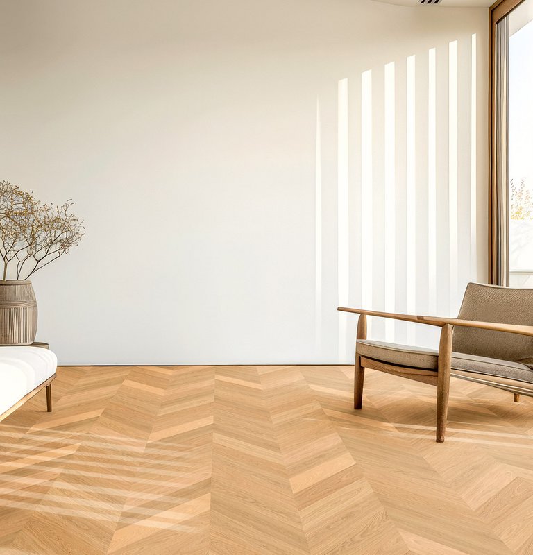 Minimalistischer Wohnraum mit Trockenblumen - heller Couch und vielen Holzelementen und Parkett in Eiche als Französisches Fischgrät verlegt