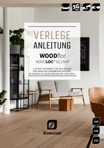 Titelbild einer Parkett-Verlegeanleitung mit einem Wohnraumfoto, das einen verlegten Parkettboden zeigt. Darüber liegt ein Overlay mit Text und Logo.