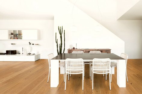 Essimmer mit weißen Möbeln, Kaktus und Holzboden