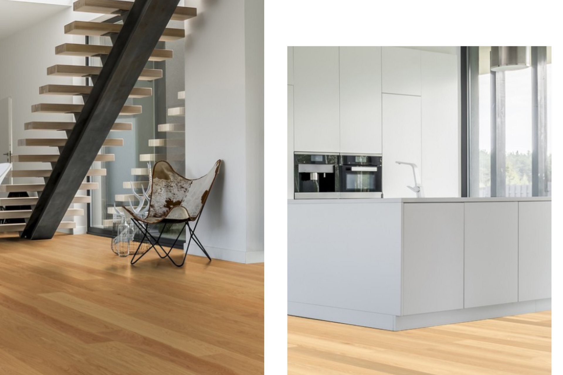 Two photos showing different types of hardwood flooring in oak and ash
