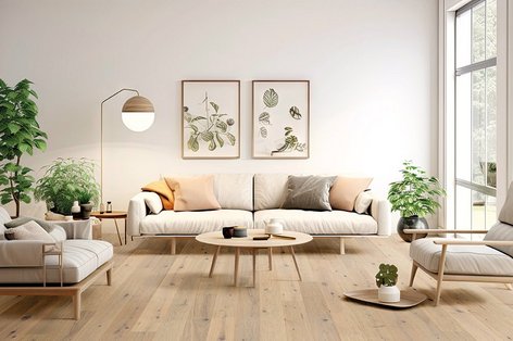 Natürliches Wohnzimmer mit Eichenparkett und Pflanzen