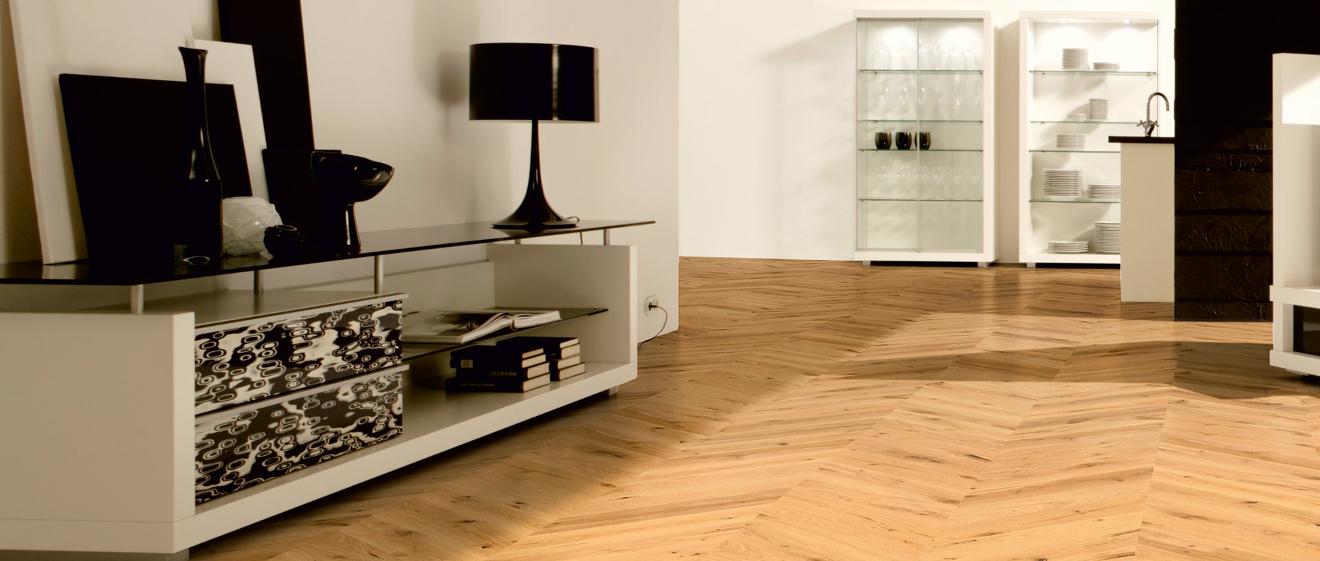 Chevron flooring in rustic oak