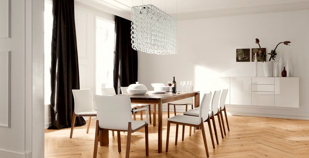 Fischgrät Parkett EIche astig Natura Fischgrätparkett in Eiche rustikal in klassisch eingerichtetem Esszimmer