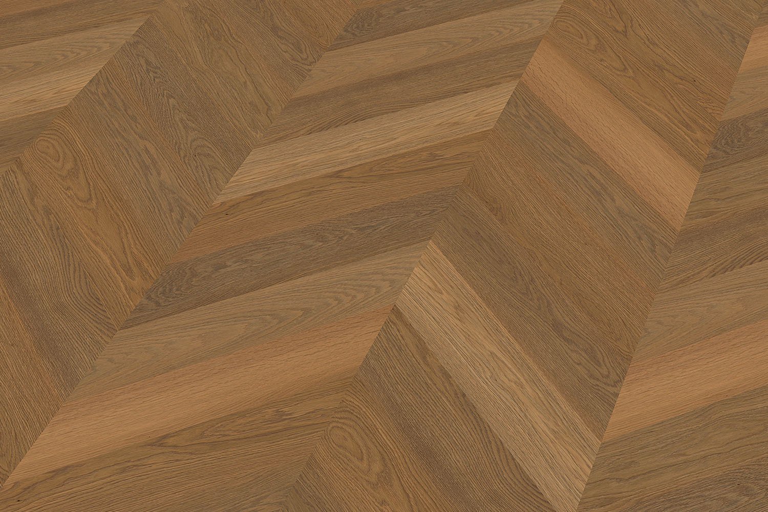 French herringbone parquet flooring made from steamed oak with natural color tones and a classic laying pattern
