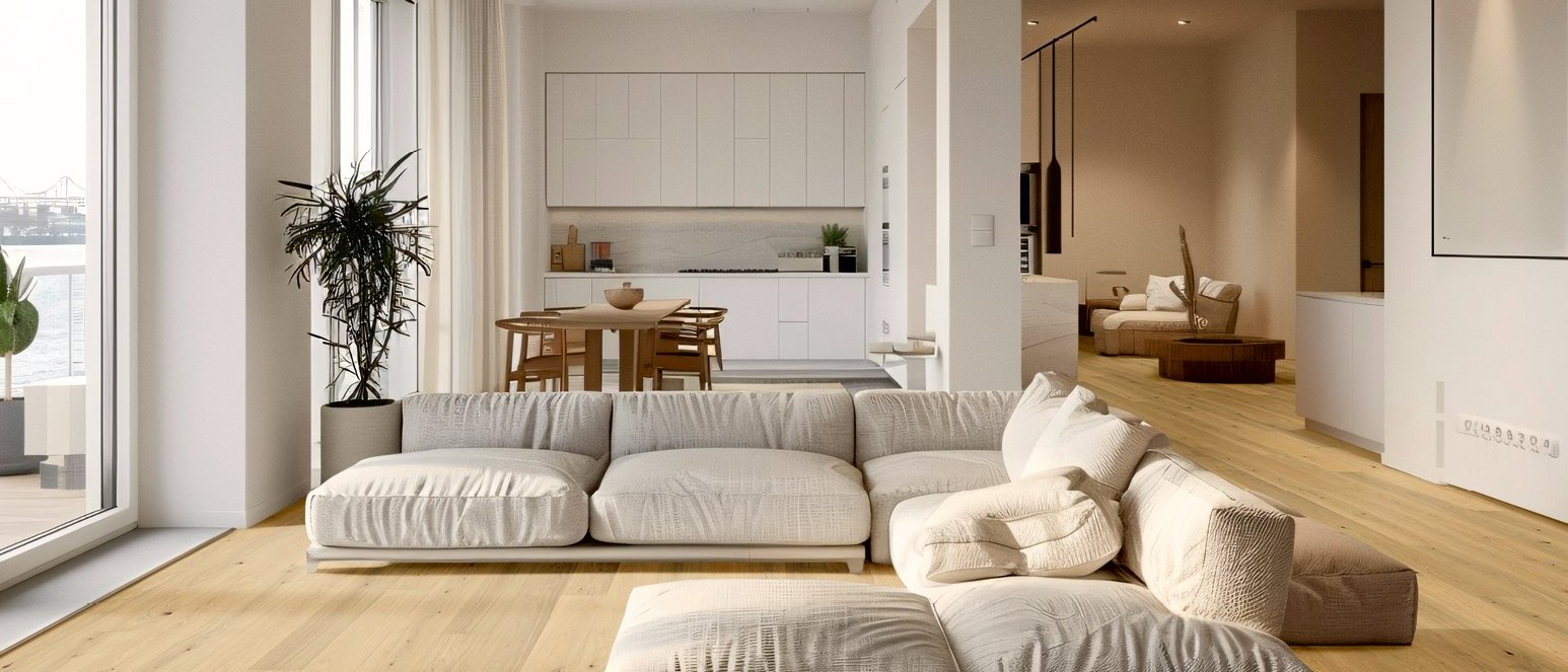 Landhausdiele Eiche Helles Wohnzimmer mit natürlichem Parkettboden, moderner Sitzlandschaft und großer Fensterfront