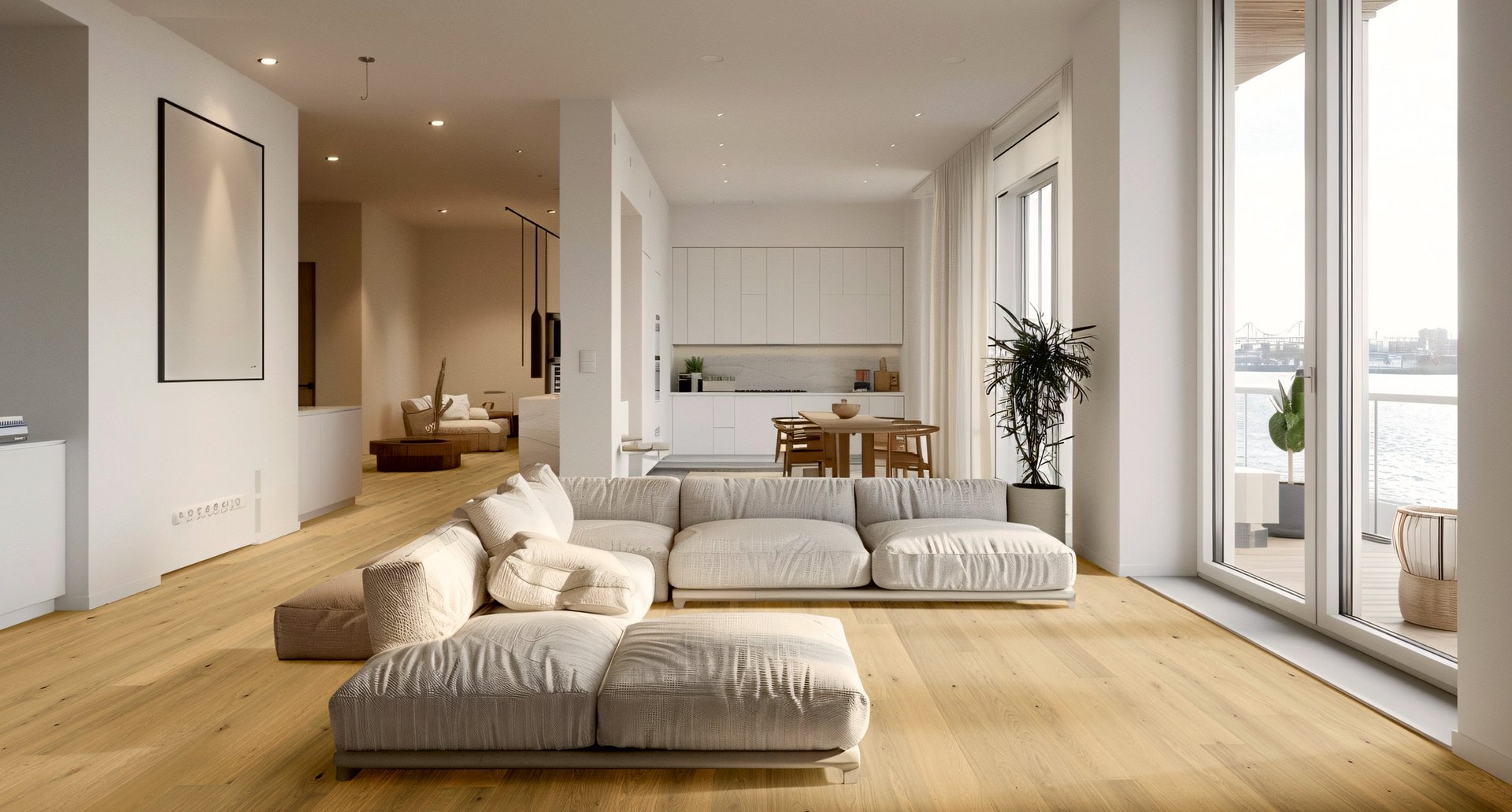 Wohnzimmer in harmonischen Beigetönen mit Sofa und Dekoration, ausgestattet mit einem Holzboden aus Eiche. Die deckenhohe, weiße Küche ergänzt den Raum.
