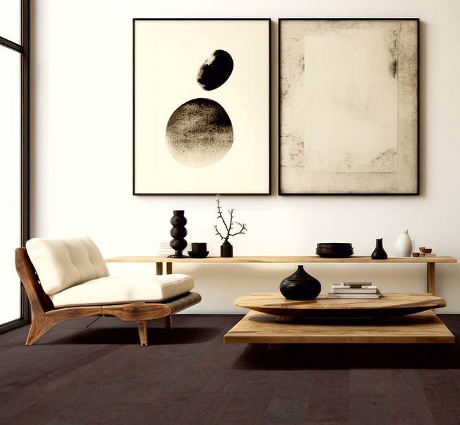Modern living room with dark parquet flooring, complemented by wooden furniture, beige furniture and black decorative elements.