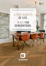  Cover image of a parquet catalog with parquet laid in a French herringbone pattern in a classically furnished room with rust-red velvet chairs and a chandelier; text overlay and logo in the upper area.