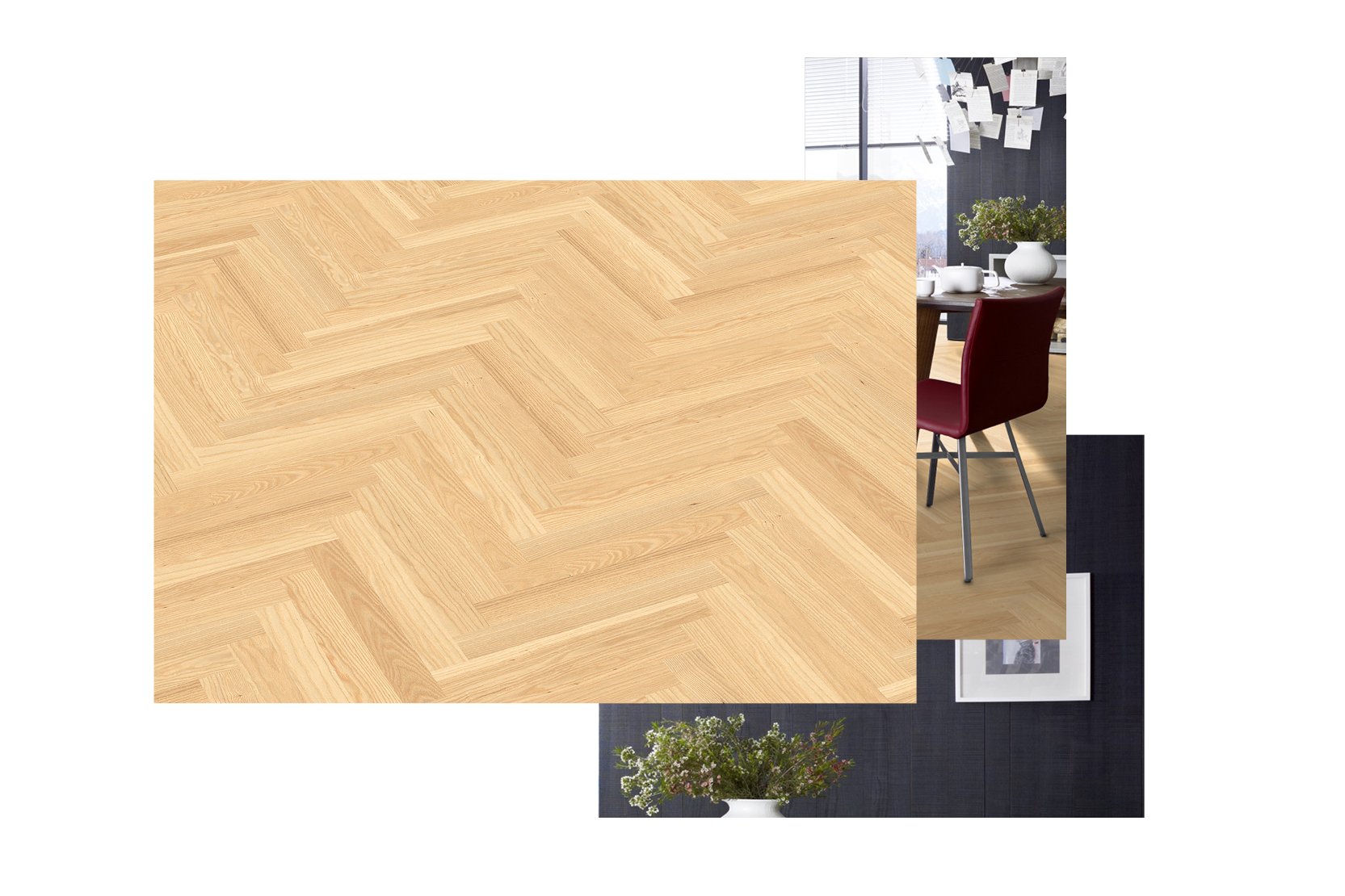 Herringbone Parquet, Natural Ash, Natura Close-up views of natural ash hardwood flooring
