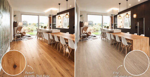 Modernes Esszimmer in dem Parkett und Vinylboen verglichen wird