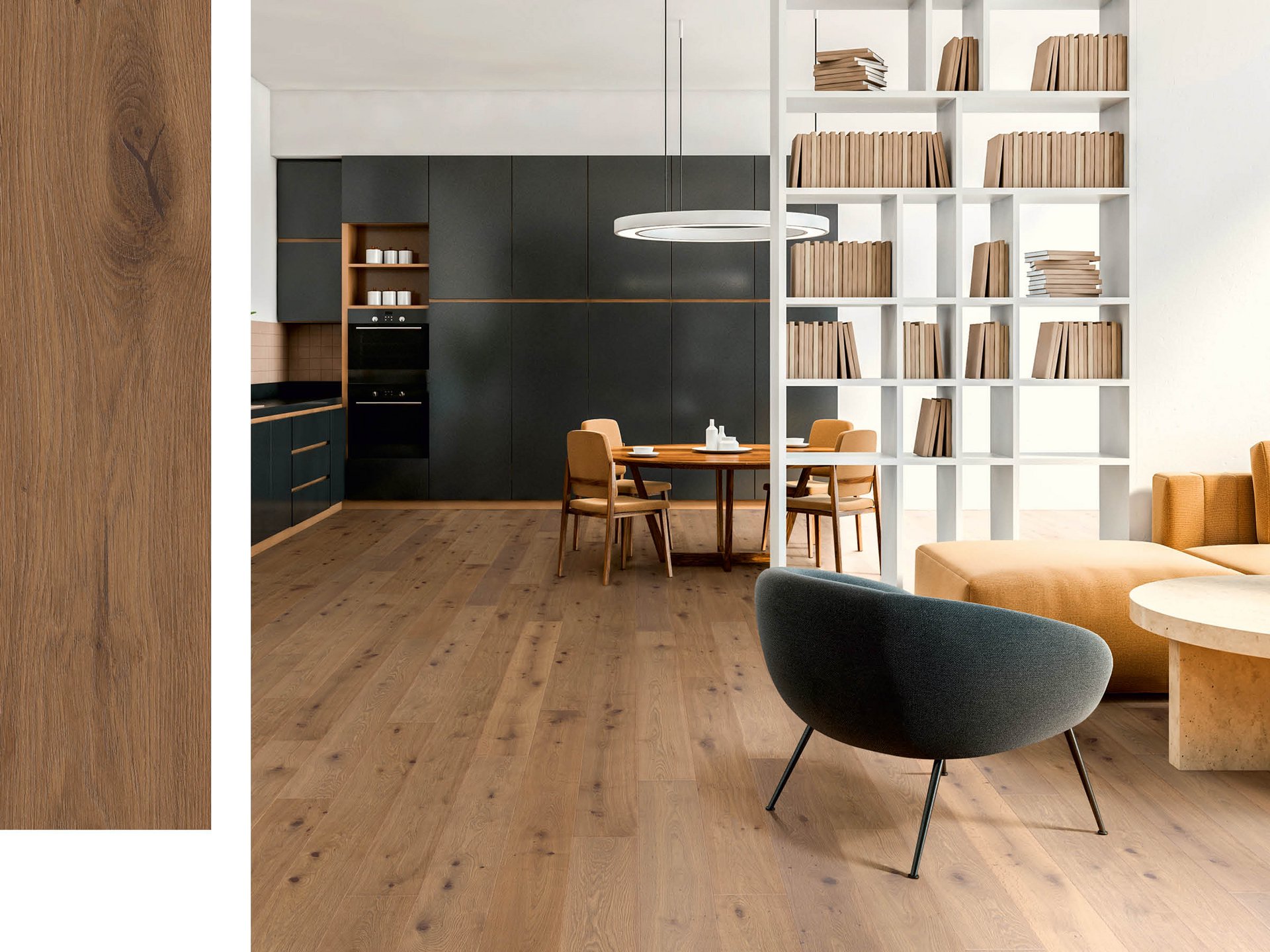 Moderne Wohnküche schwarz mit braunem Holzboden in Eiche mit vielen Ästen