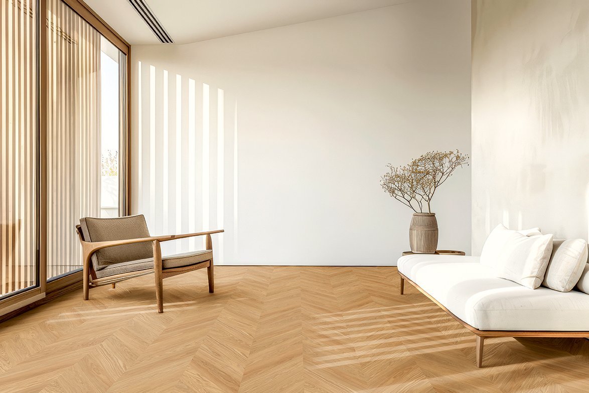 Französisch Fischgrät Parkett in hellem, minimalistisch und natürlich gestaltetem Wohnraum