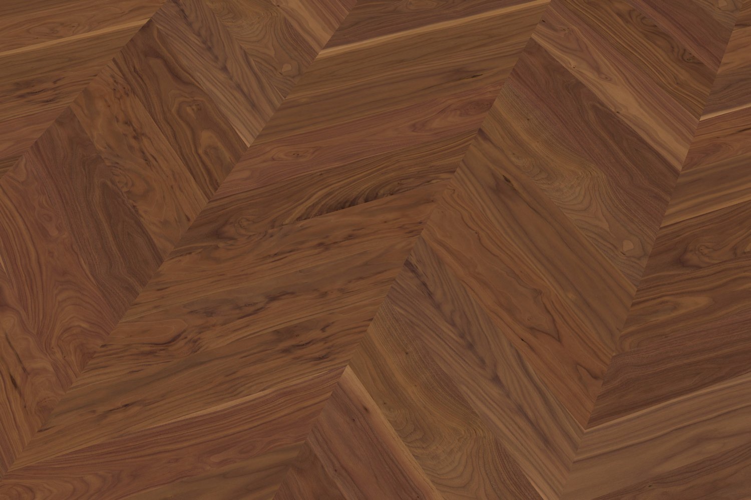 French herringbone parquet flooring made from American walnut with characteristic grain and dark coloring
