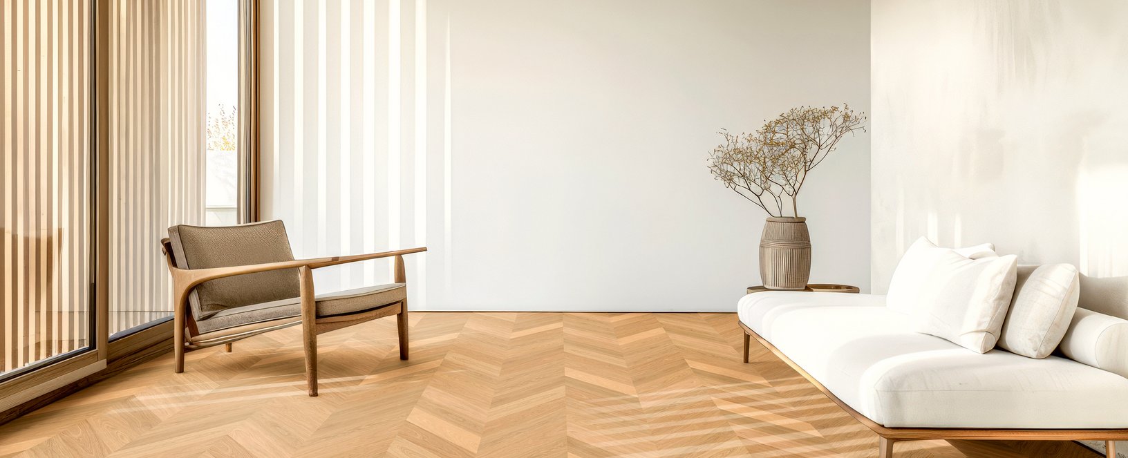 Französisch Fischgrät Parkett in Eiche Natur in Wohnzimmer mit natürlichen Holzmöbel