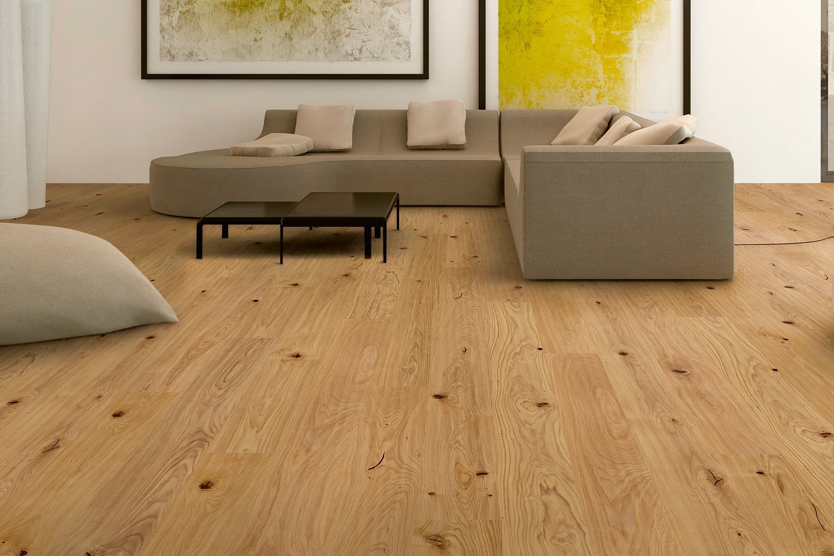 Living room with rustic oak hardwood floors and a beige sofa set