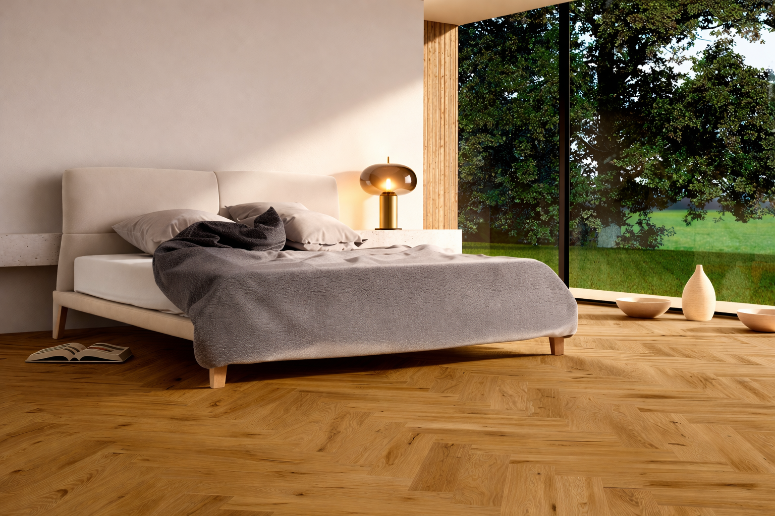 Französisch Fischgrät Parkett MULTIflor.11 740 45 Eiche Country Natura Französisch Fischgrätparkett Eiche in natürlichem Schlafzimmer mit Blick ins Grüne