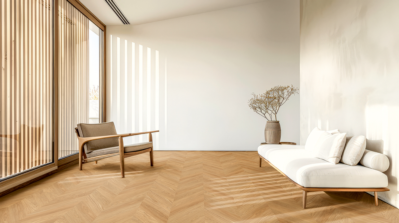 Französisch Fischgrät Parkett Eiche in natürlich minimalistisch gehaltenem Raum mit weißem Sofa und braunem Stuhl und Trockenblumen