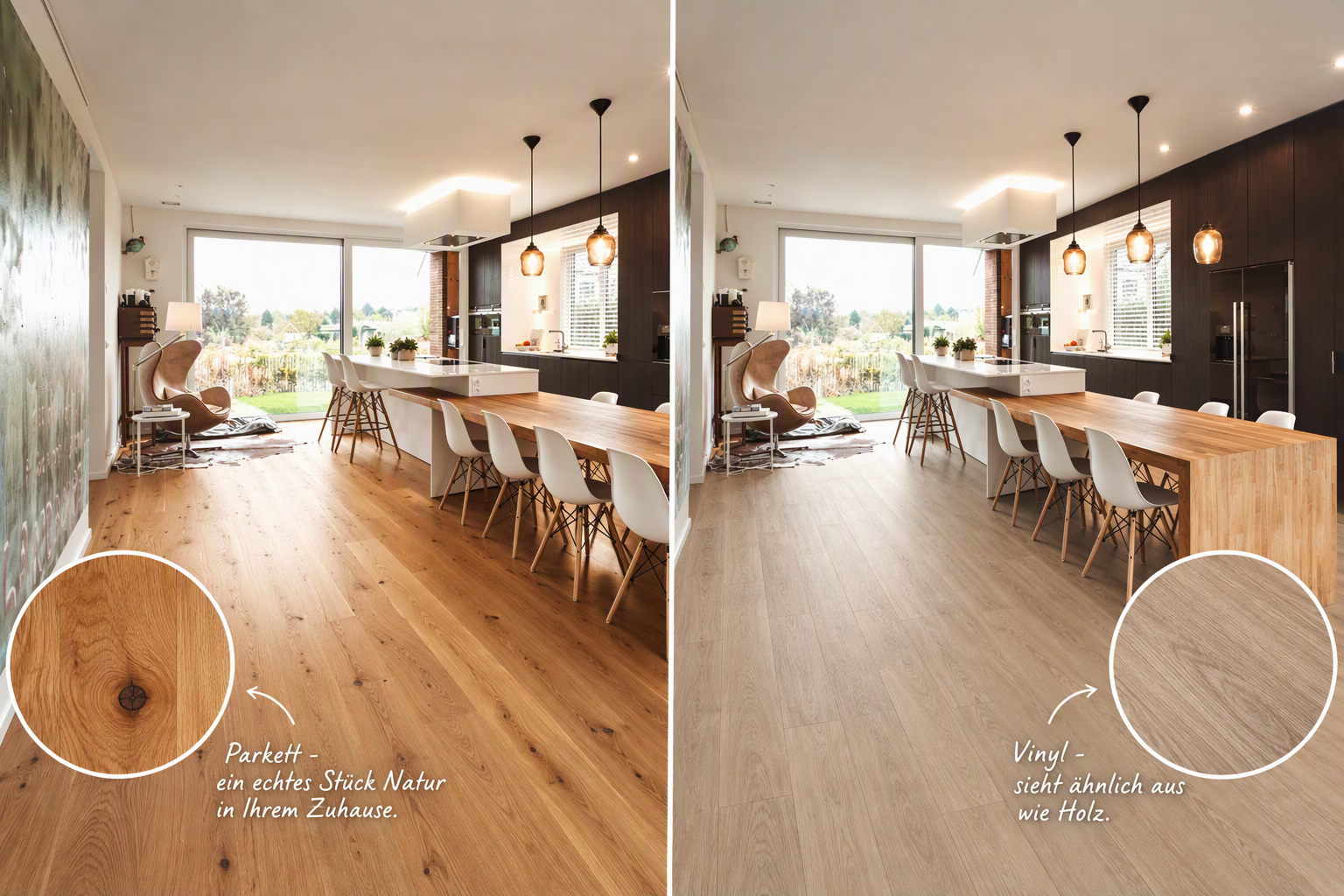 Modernes Esszimmer in welchem Parkett und Vinyl verglichen wird
